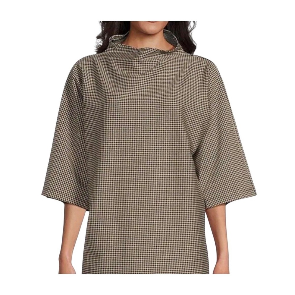 Bryn Walker Womens XS Houndstooth Mock Neck Boxy‎ Top Elbow Sleeve Black White